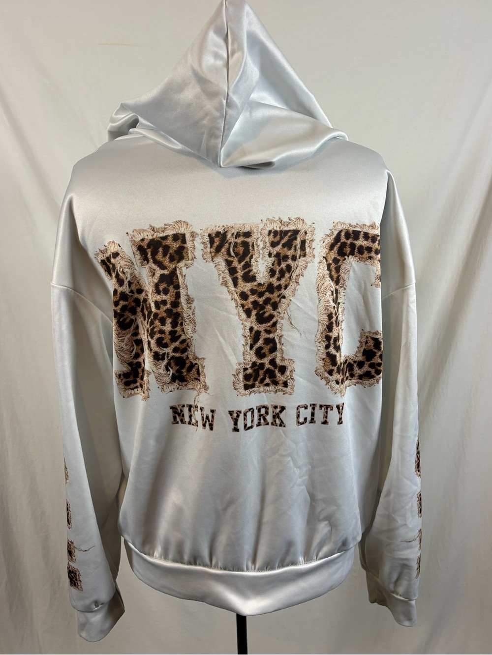 Women’s White Satin NYC Leopard Applique Hoodie S Y2K Mob Wife Streetwear